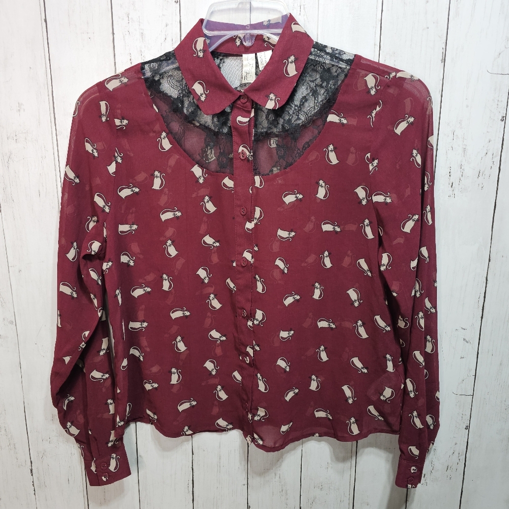 Forever 21 Exclusive Women's Maroon Chiffon Lace Shirt Cat Print Size Medium.